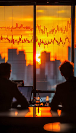 Corporate professionals review financial charts at dusk, city lights glow behind, creating an...