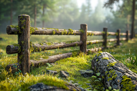 A weathered wooden barrier encircles a vibrant, sunlit forest opening, evoking tranquility and untouched natural charm.の写真素材