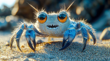 A cheerful crab with vibrant, patterned claws peers over the shoreline as the sun dips below the horizon, casting warm hues on the sandy coast.の写真素材