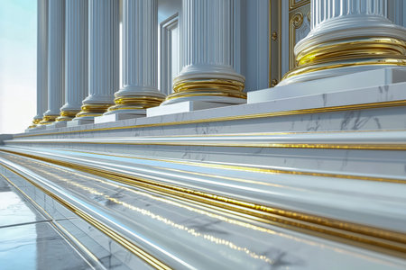 Intricate ancient columns adorned with ornate carvings and shimmering gold highlights evoke timeless...