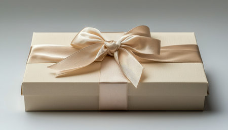 A luxurious gift container adorned with a glossy satin bow, set against a plain, sophisticated backdrop, perfect for occasions and celebrations.の写真素材