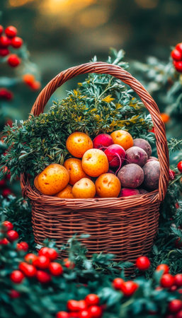 A vibrant arrangement of ripe seasonal produce nestled among lush greenery and colorful berries, evoking a festive and cozy harvest atmosphere.の写真素材