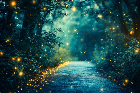 Tiny luminous insects flicker along a wooded trail, casting an ethereal glow that transforms the...
