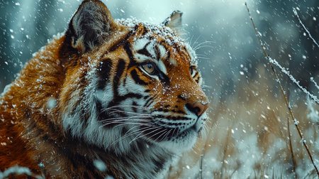 A fierce tiger's piercing eyes amid a wintery woodland, snow-dusted fur blending seamlessly with frosty surroundings, capturing wild eleganceの写真素材