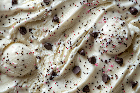 A detailed shot of smooth vanilla gelato garnished with melting chocolate bits and vibrant,...