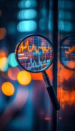 A focused hand holds a magnifying glass over a vibrant digital screen, highlighting fluctuating stock charts and numerical trends in a professional seの写真素材