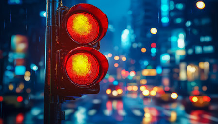 Vibrant city twilight scene with glowing red traffic light casting a warm hue over busy streets and illuminated skyscrapers in the background.の写真素材