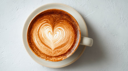 Steam rises from a warm coffee cup featuring delicate heart-shaped foam design, set against a textured white background, evoking cozy comfort.の写真素材