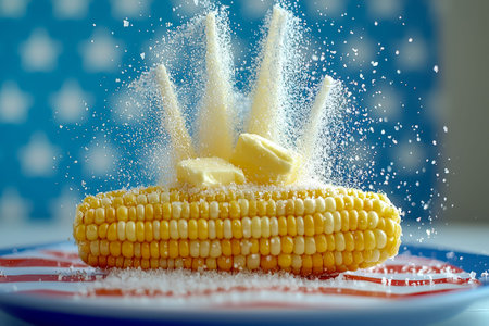 Juicy corn on the cob glistens with melting butter, surrounded by popcorn grains and lively butter...