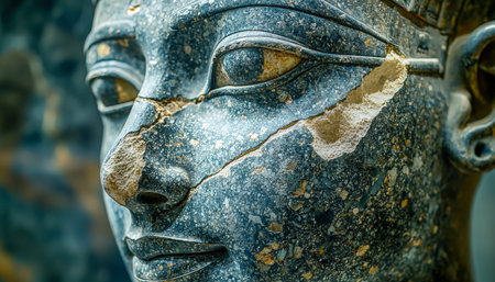 A detailed view of a weathered stone face with deep fissures and chipped features, evoking timeless...