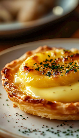 A crispy, golden crust cradle a creamy, savory filling garnished with fresh herbs, set against a...