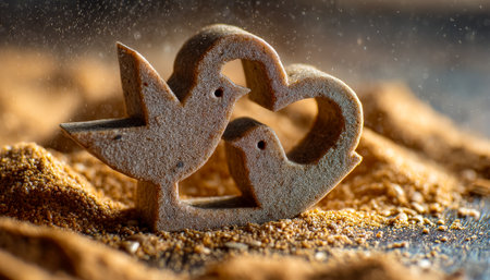 Delightful bird and heart-shaped cookies scattered on textured sand evoke warmth and charm, perfect for summer treats or beach-themed celebrations.の写真素材