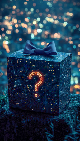 A sleek, high-tech gift box featuring a luminous question mark centerpiece, adorned with a ribbon,...