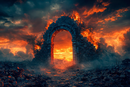 A weathered historic arch framed by flickering flames and billowing smoke against a fiery sunset, evoking a scene of intense drama and mystery.の写真素材