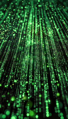 A surreal scene featuring luminous green data streams cascading in a layered, high-tech pattern, evoking digital complexity and futuristic cyber envirの写真素材