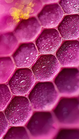 Intricate honeycomb detail with soft pink wax and shimmering water droplets, evoking freshness and delicate craftsmanship.の写真素材