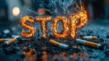 An intense scene features a warning sign engulfed in flames, surrounded by smoldering cigarettes on a dark asphalt background, creating a gritty, rebeの写真素材
