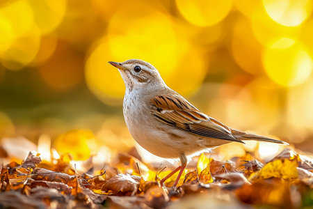 A tiny bird with mottled brown and white plumage perches delicately on colorful autumn foliage, set against glowing yellow bokeh lights creating a cozの写真素材