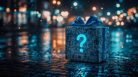 A sleek, high-tech gift box featuring intricate circuit designs and an illuminated question mark,...