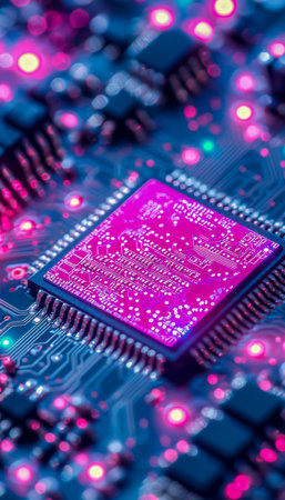 A detailed view highlighting a central microprocessor on a circuit board illuminated by striking pink and blue neon hues, evoking futuristic innovatioの写真素材