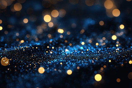 Vibrant blue and gold luminous spots with shimmering particle effects against a dark backdrop create a glamorous, festive atmosphere suitable for celeの写真素材