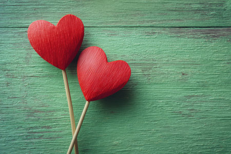 Vibrant red wooden hearts rest on a lush green planked surface, creating a warm, rustic scene symbolizing deep emotions and heartfelt connections.の写真素材