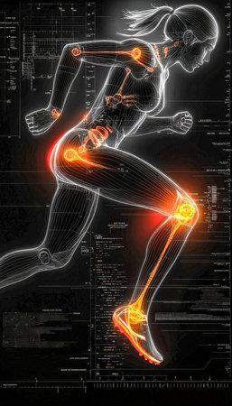 A dynamic digital artwork depicting a woman in motion, with vivid highlights on her joints indicating areas of pain or stress during physical activityの写真素材