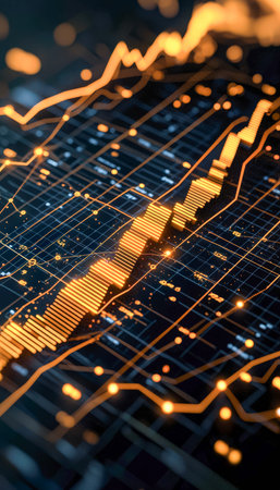A vibrant graph with luminous orange lines and highlighted data points illustrating dynamic stock...