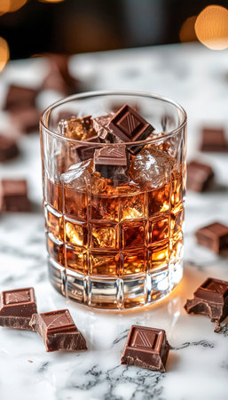 An elegant whiskey glass filled with amber liquid, surrounded by rich chocolate chunks and shimmering ice, set on a sleek marble tabletop for a warm,の写真素材