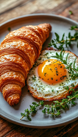 A golden, flaky croissant topped with a perfectly cooked egg and fresh herbs, inviting breakfast...