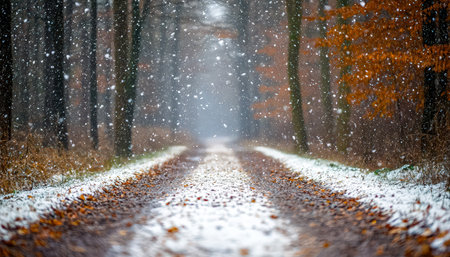 A tranquil winter trail winding through dense trees blanketed in snow, surrounded by gently descending snowflakes creating a peaceful, festive ambianceの写真素材