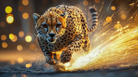 A sleek cheetah breaks the surface of water with undeniable speed, trailing fiery sparks amid a dreamy blurred backdrop for dynamic visual impact.の写真素材