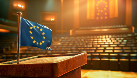 A prominent European Union flag stands proudly on a raised platform amid an elegant, empty parliamentary chamber adorned with classic architecture andの写真素材