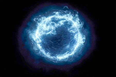 A luminous circular form pulsates with fiery hues and intricate geometric patterns, illustrating dynamic data flow and high-tech energy visuals.の写真素材