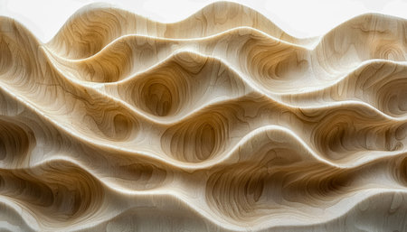 A captivating wooden art piece featuring smooth, undulating forms and intricate layers that evoke organic movement and tactile richness.の写真素材