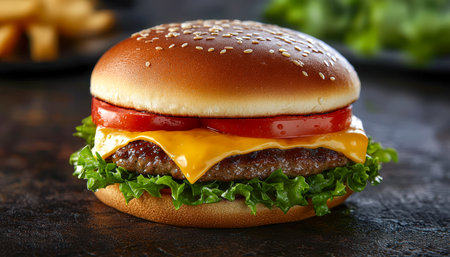 Juicy cheeseburger featuring fresh greens, ripe tomato slices, and melted cheese atop a toasted bun, arranged on a rustic dark wood backdrop.の写真素材