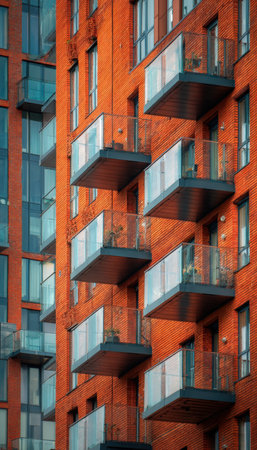 A sleek urban residence featuring vibrant brickwork and transparent glass balconies, blending...