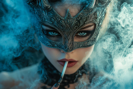 An elegant woman in a decorated mask exhales a cloud of smoke, creating a mysterious atmosphere with intricate fashion and swirling vapors.の写真素材