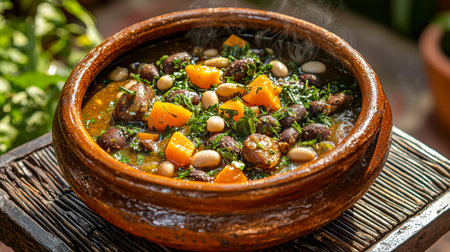Warm, hearty medley of seasonal vegetables simmered in rich broth, presented in a vintage clay dish, evoking rustic charm and comfort.の写真素材