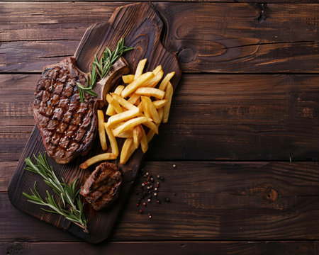 Top view of classic steak and French fries on wooden table, perfect for text placementの写真素材