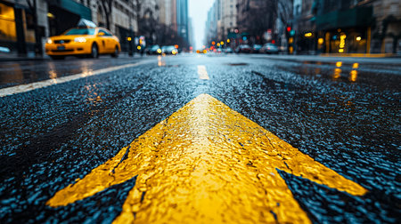 Illuminated urban thoroughfare reflects rainfall, with a prominent yellow directional arrow guiding vehicles amid damp pavement and overcast evening sの写真素材
