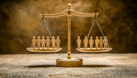 Wooden human silhouettes of diverse groups rest on a scale, highlighting themes of social fairness and disparities amid a neutral background.の写真素材