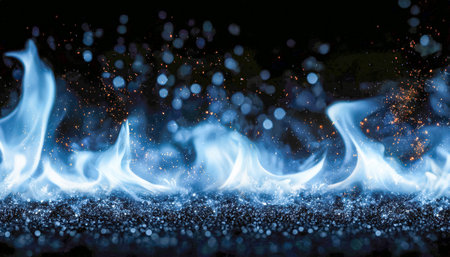 Vibrant blue sparks and flickering flames dance across a dark backdrop, complemented by shimmering...
