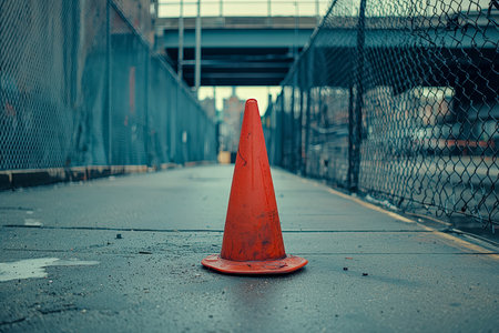 A bright orange traffic cone stands alertly on gray paving stones, signaling caution and guiding pedestrians around ongoing street maintenance works.の写真素材