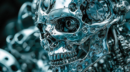 A intricate, silver-toned skull combines cybernetic craftsmanship with futuristic accents, ideal for sci-fi themes, tech concepts, or artistic expressの写真素材