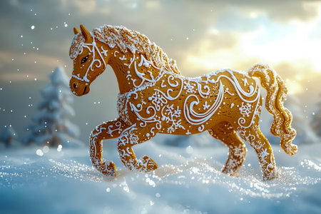 A festive white-iced horse-shaped cookie with intricate patterns rests on snow, framed by winter trees, evoking cozy holiday charm and seasonal delighの写真素材