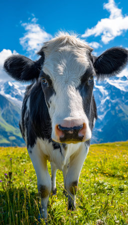 A keen-eyed bovine gazes into the camera amid vibrant grass, with majestic mountains and crisp sky forming a picturesque rural backdrop.の写真素材