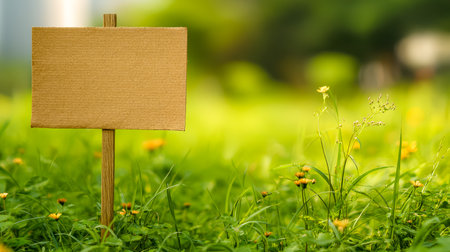 An empty wooden sign stands amidst vibrant grass and colorful blooms, with a soft-focused nature backdrop evoking serenity and versatile outdoor appeaの写真素材