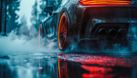 A glossy black speedster with vibrant orange-lit rims racing through a rain-slick street, enveloped in misty smoke under a dark, moody sky.の写真素材