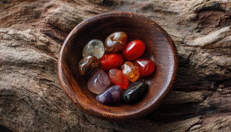 Bright, finely polished gemstones in various hues rest in a rustic wooden bowl, adding vibrant charm to the aged wood backdrop.の写真素材